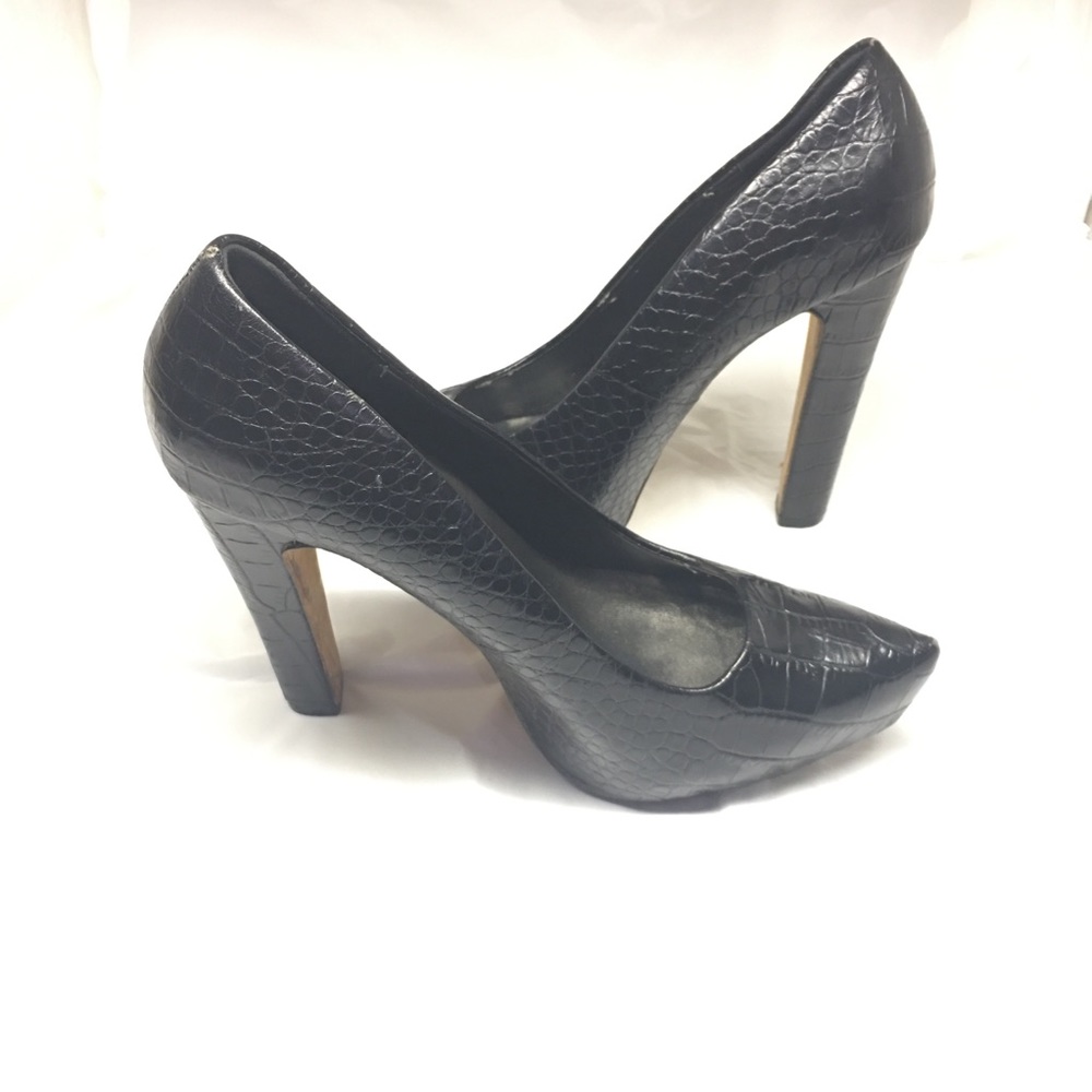 Bebe Black Croc Leather Platform Pumps